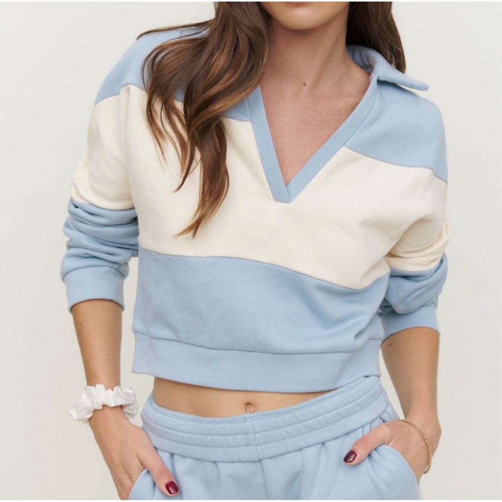 Reformation Mirielle Henley Cropped Rugby Pullover Sweatshirt Sz‎ L